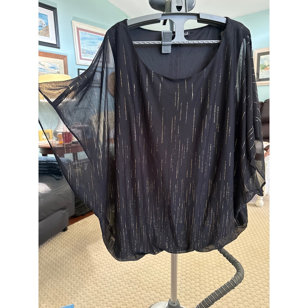 Sara Michelle Woman 2X Black Gold Metallic Stripe Batwing Sleeve Chiffon Blouse